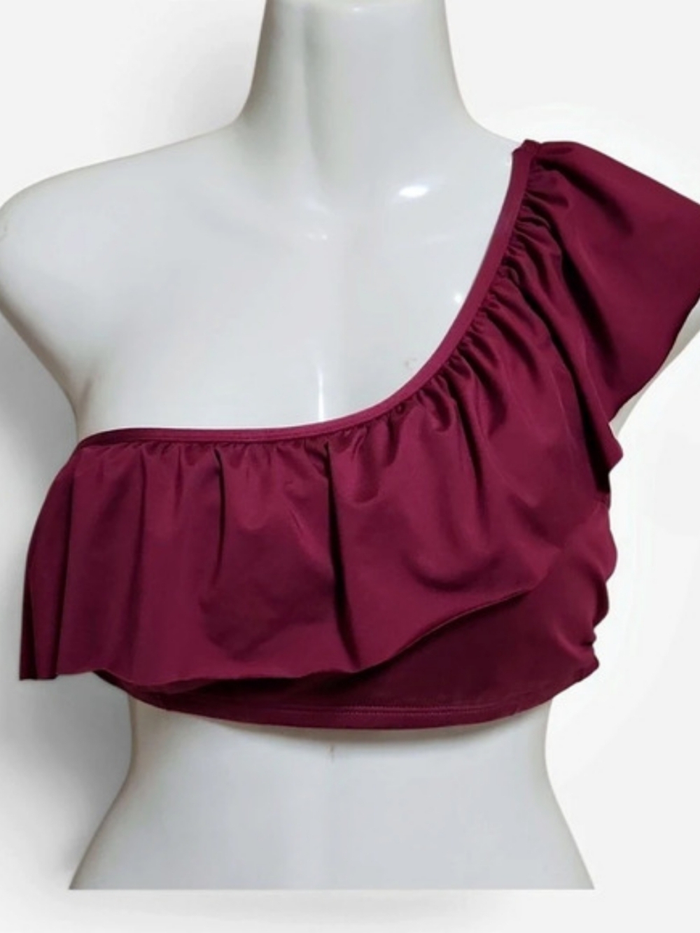 Burgundy Asymmetric One-Shoulder Ruffle Bikini Top Maroon Swimsuit Medium